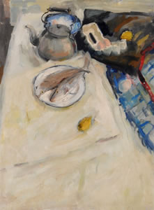 Painting of two fish on a plate, with lemons, eggs and a kettle. By Scottish Artist Hamish MacDonald