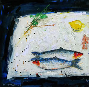 Painting of two herrings and a lemon ready to be cooked, by Scottish Artist Hamish MacDonald