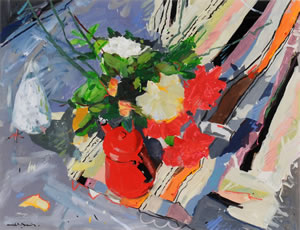A Painting of a Red Coffee Pot, next to a large bunch of flowers, a 1995 piece by Hamish MacDonald