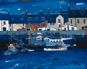 Blue Painting of Arbroath Harbour on the East Coast of Scotland. Fishing boats and houses are visible. By Artist Hamish MacDonald