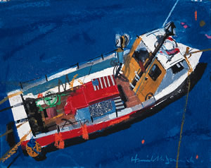 Painting of a fishing boat in St Monans Harbour in Fife, Scotland By Hamish MacDonald
