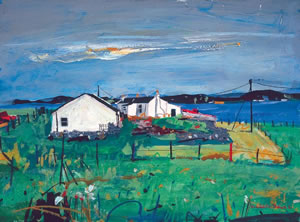 Painting of several crofts (cottages) on the peninsula of Ardnamurchan in Lochaber, Scotland. By artist Hamish MacDonald