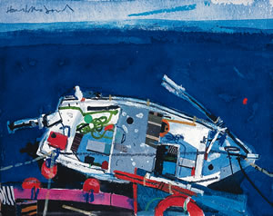 Painting of Ullapool Harbour with a small fishing boat, by Hamish MacDonald 