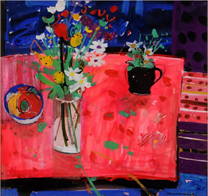Painting of a red table with a jug of flowers on it, by Scottish artist Hamish MacDonald