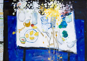 Still Life Painting by Scottish Artist Hamish MacDonald. Features a white table with flowers, doves and lemons