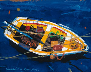Painting of a Yellow Boat in Crail Harbour in Scotland by Hamish MacDonald