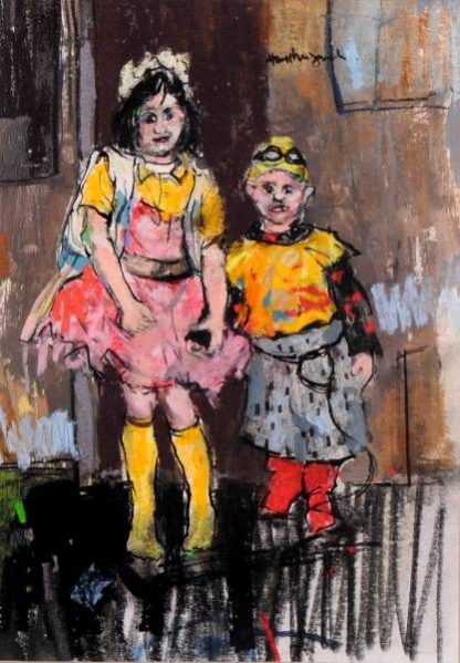 Nadia and Luciano 1990. A Painting of a young boy and a girl holding hands by Scottish Artist Hamish MacDonald